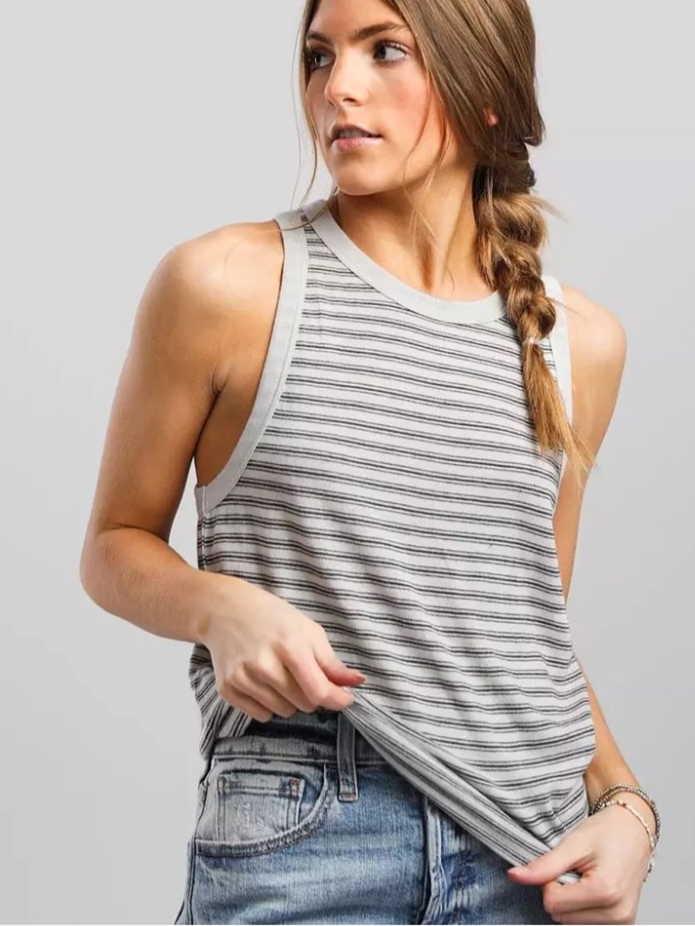 White Crow Tank Top Soft Gray w/ Black Stripes Size Medium